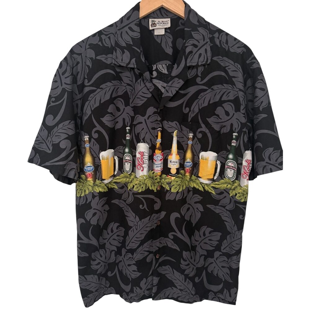 Aloha Republic Beer bottles, cans, mugs, and tropical leaves Short Sleeve